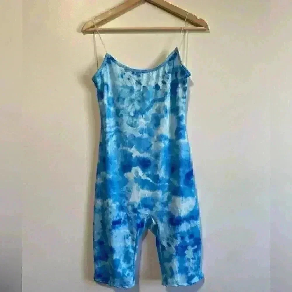 Fashion Nova Blue Tie Dye Swirl Biker Short Romper - Picture 2 of 7